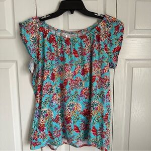 Stella Parker NWT Womens Floral Top Sz S Sea Turquoise Vibrant Whimsical Preppy